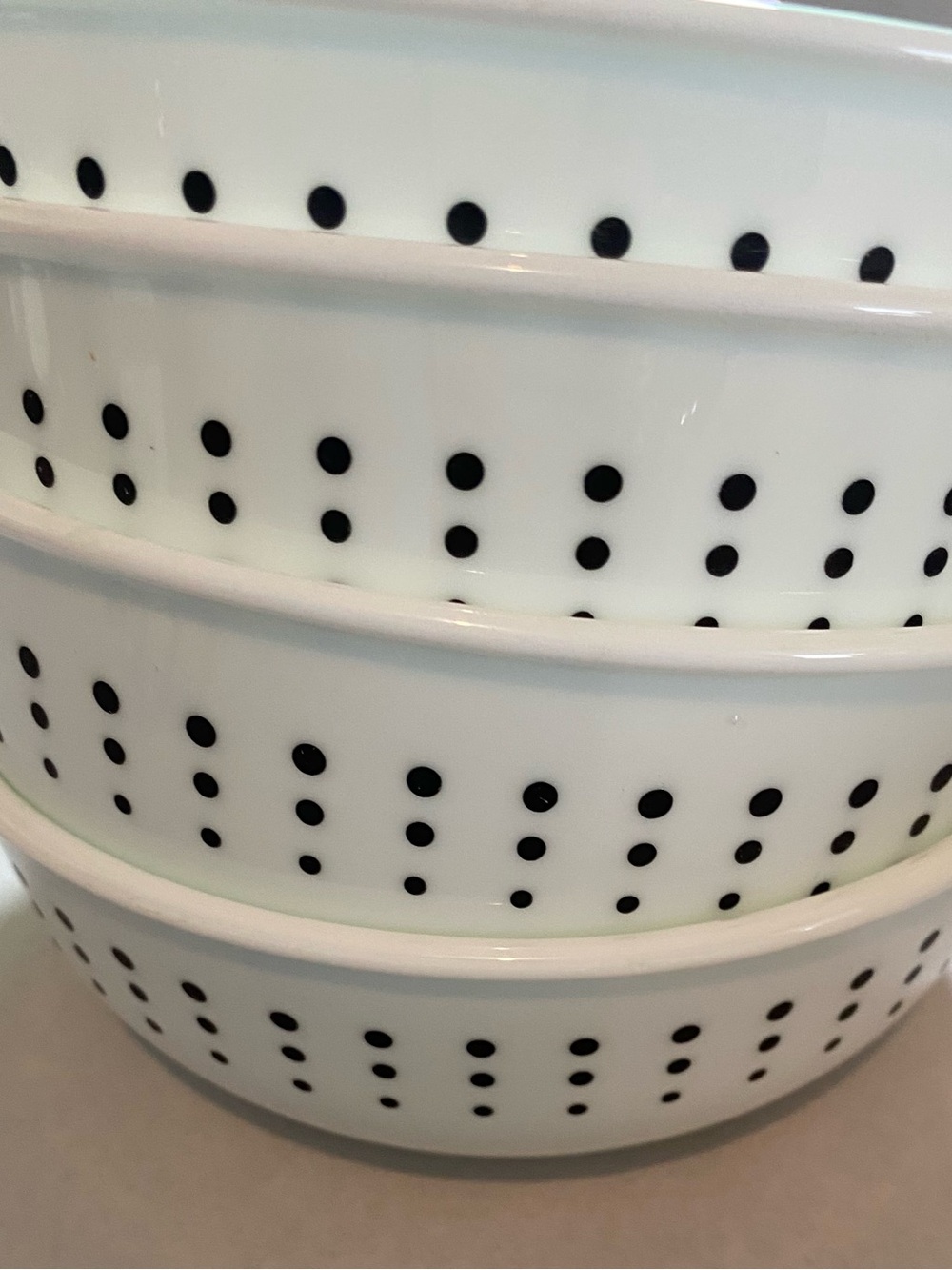 Corelle White Bowls with Black Dot Stripe Pattern